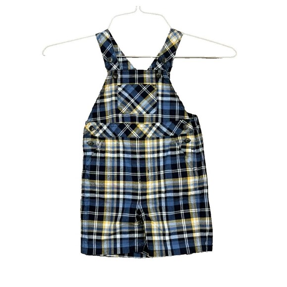 Plaid Overalls Baby Boy Lighthouse Blue Yellow Shortall Cotton 6M-12M - Picture 1 of 5